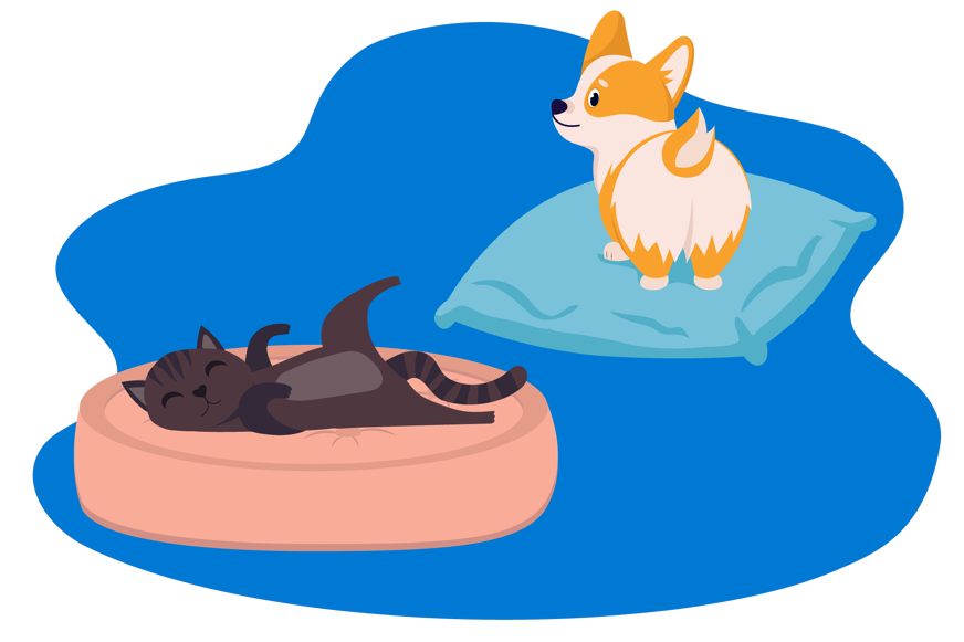 Ilustração de um cachorro e um gato deitados em camas para pets.